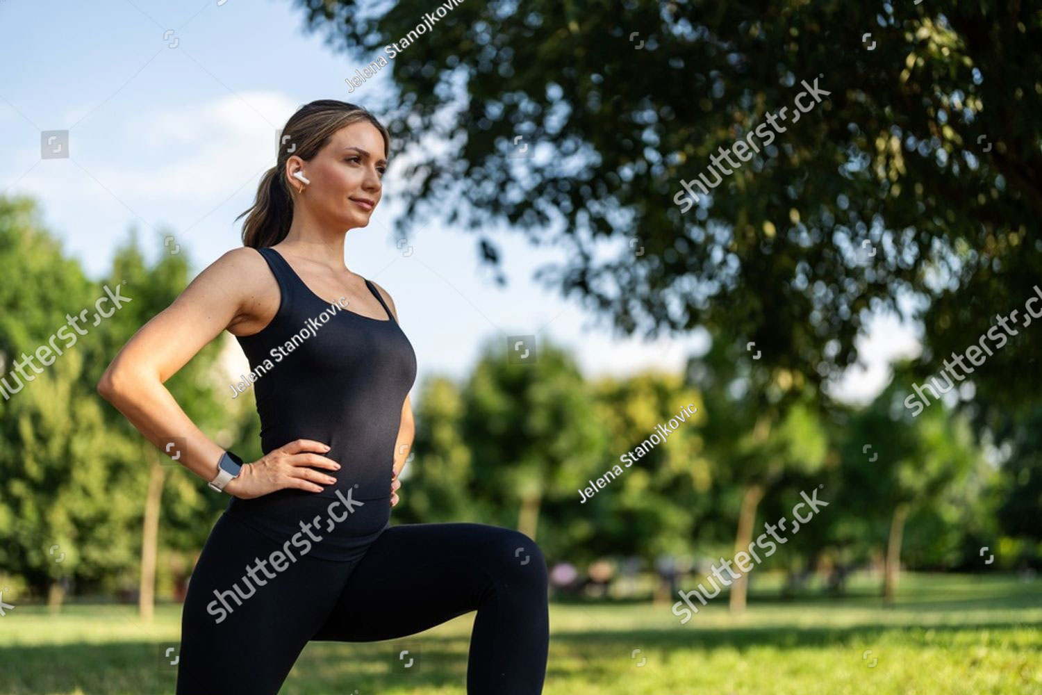 stretching workout and young woman do lunge in nature for exercise training and sports in forest